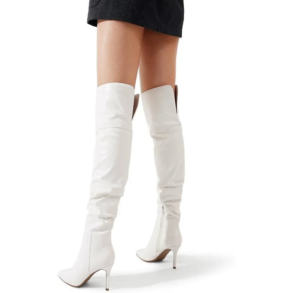 Women's White-pu Faux Leather Over The Knee Boots Thigh High Pointed Toe Boot